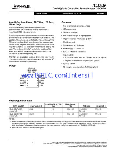 Intersil ISL22429 Dual Digitally Controlled Potentiometer Datasheet - cover page
