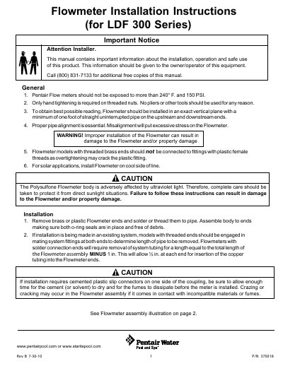 Pentair LDF 300 Series Flowmeter Installation Instructions - cover page