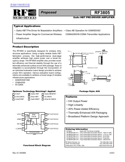 RF3805 GaAs HBT Pre-Driver Amplifier Datasheet - cover page