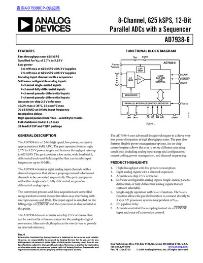 ANALOG DEVICES 8-Channel 625 kSPS 12-Bit Parallel ADCs with a Sequencer AD7938-6 handbook - cover page