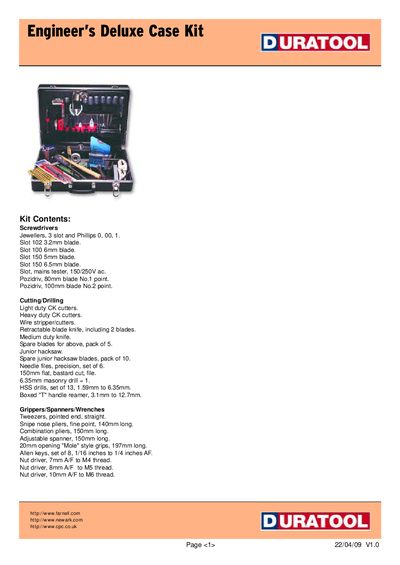 Duratool Engineer’s Deluxe Case Kit Product Leaflet - cover page