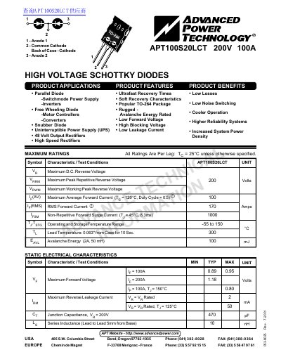 Advanced Power Technology APT100S20LCT Datasheet - cover page
