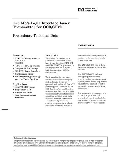 HP XMT5170-155 Laser Transmitter Datasheet - cover page
