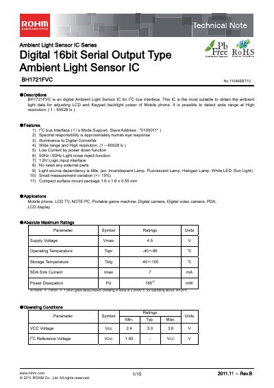 ROHM BH1721FVC Ambient Light Sensor Technical Note - cover page