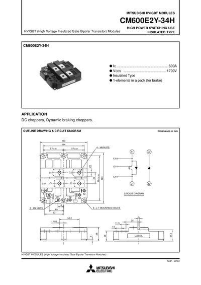 Mitsubishi Electric CM600E2Y-34H HVIGBT Module Datasheet - cover page