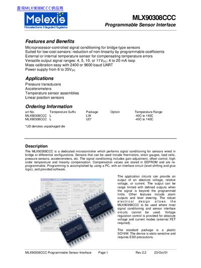 Melexis MLX90308CCC Programmable Sensor Interface Handbook - cover page