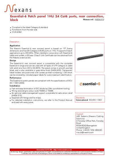Nexans Essential-6 1HU 24 Cat6 Patch Panel Datasheet