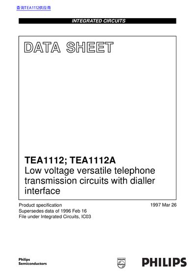 Philips TEA1112; TEA1112A Low Voltage Versatile Telephone Transmission Circuits Datasheet - cover page