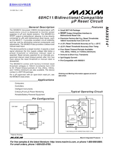 MAXIM MAX6314 68HC11/Bidirectional-Compatible uP Reset Circuit Datasheet - cover page