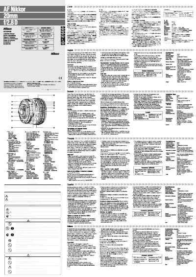 Nikon AF 20mm f/2.8D Lens User Manual - cover page