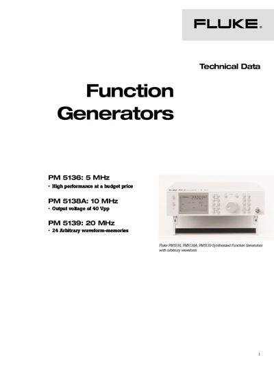 Fluke PM5136/PM5138A/PM5139 Function Generators Product Data Sheet - cover page