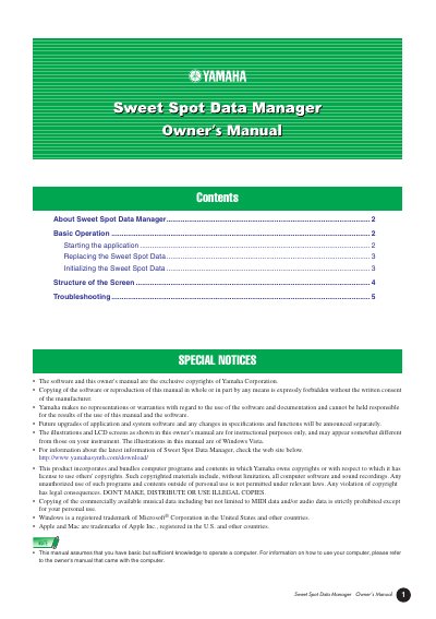 Yamaha Sweet Spot Data Manager Owner's Manual - cover page