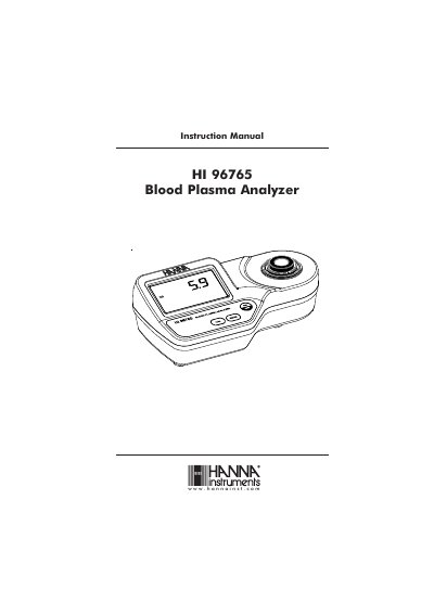 Hanna Instruments HI 96765 Blood Plasma Analyzer Instruction Manual - cover page