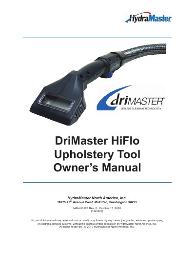 HydraMaster DriMaster HiFlo Upholstery Tool Owner's Manual - cover page