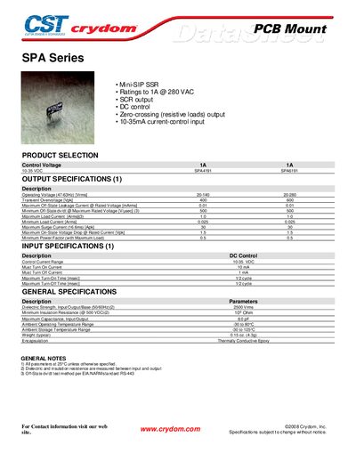Crydom SPA Series Solid State Relay Datasheet - cover page