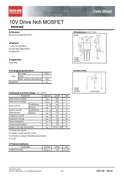 ROHM R6046ANZ MOSFET Datasheet - cover page