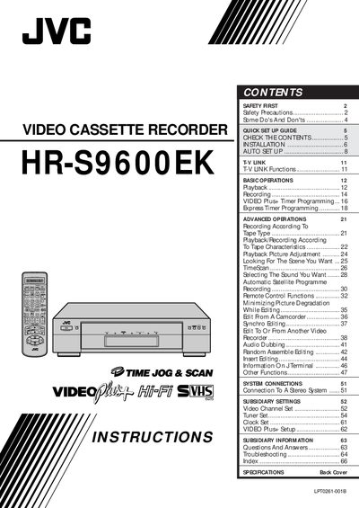 JVC HR-S9600EK Video Cassette Recorder User Manual - cover page