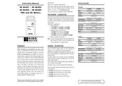 Hanna Instruments HI 86301/86302/86303/86304 TDS and EC Meters Instruction Manual - cover page