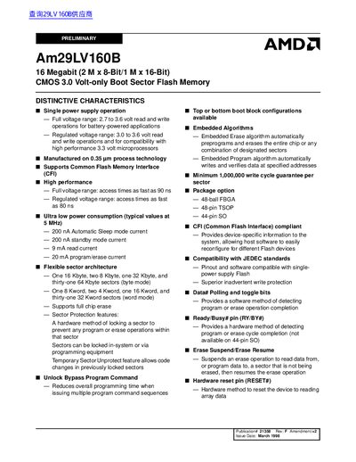AMD Am29LV160B 16 Megabit (2 M x 8-Bit/1 M x 16-Bit) CMOS 3.0 Volt-only Boot Sector Flash Memory Manual(1) - cover page