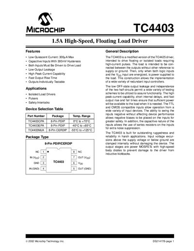 MICROCHIP TC4403 1.5A High-Speed Floating Load Driver Data sheet - cover page