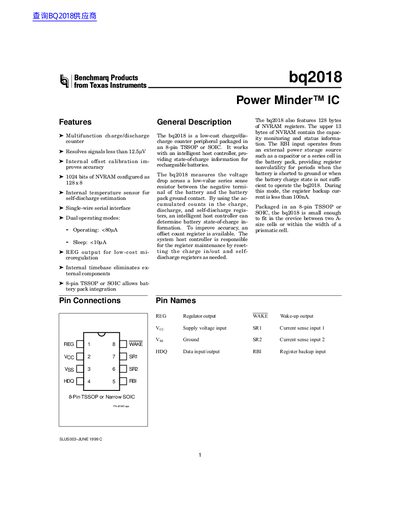 Texas Instruments bq2018 Multifunction Charge/Discharge Counter Datasheet - cover page