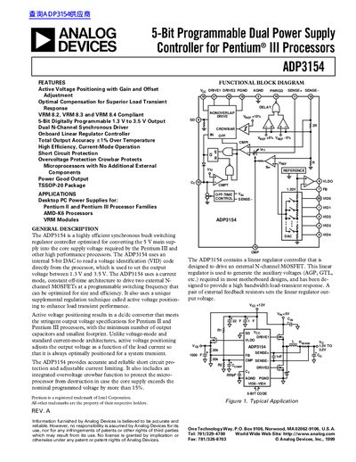 ANALOG DEVICES ADP3154 5-Bit Programmable Dual Power Supply Controller for Pentium III Processors handbook - cover page
