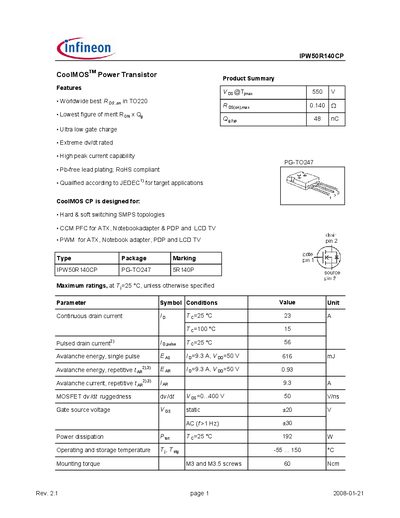 Infineon IPW50R140CP Datasheet - cover page