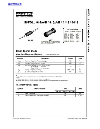 Fairchild Semiconductor 1N/FDLL 914/A/B 916/A/B 4148 4448 Small Signal Diode Datasheet
