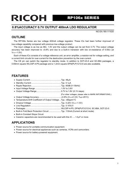 Ricoh RP106x Series LDO Regulator Datasheet