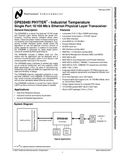 National Semiconductor DP83848I Ethernet PHY Datasheet
