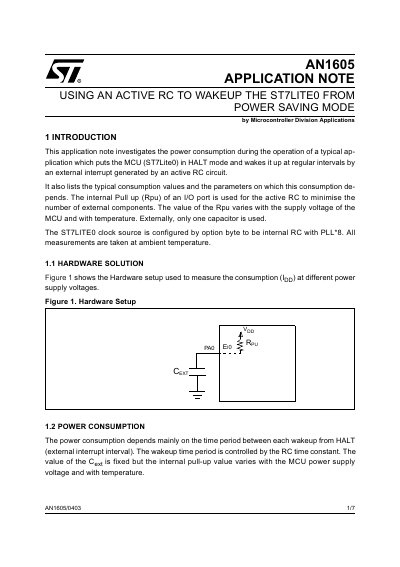 STMicroelectronics AN1605 Application Note Using Active RC to Wakeup ST7LITEO from Power Saving Mode