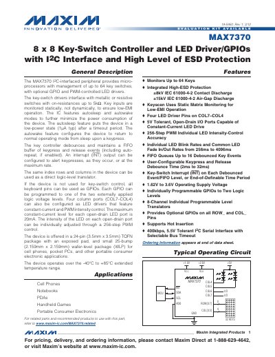 Maxim MAX7370 8x8 Key‑Switch Controller and LED Driver/GPIO Datasheet - cover page