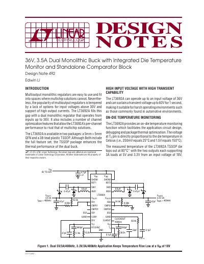 LINEAR 36V 3.5A Dual Monolithic Buck with Integrated Die Temperature Monitor Standalone Comparator Block Design Note 492 Edwin Li - cover page