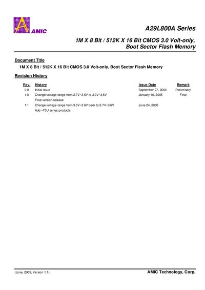 AMIC A29L800A Series 1M×8‑Bit/512K×16‑Bit CMOS 3.0 V Boot Sector Flash Memory Datasheet - cover page