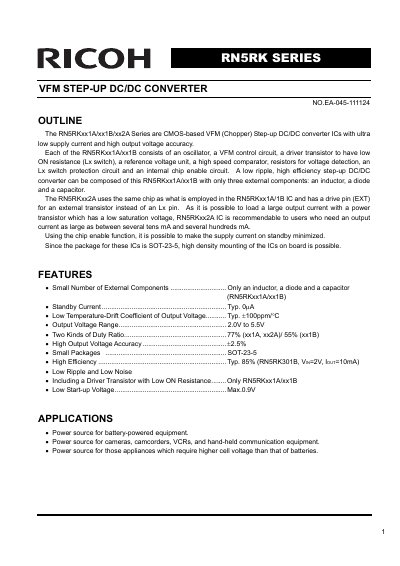 Ricoh RN5RK Series VFM Step-Up DC/DC Converter Datasheet
