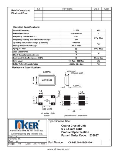 AKER C6S-32.000-12-3030-X Quartz Crystal Unit Datasheet - cover page