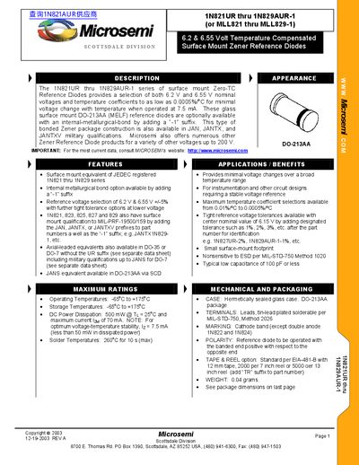 Microsemi 1N821UR thru 1N829AUR-1 Data Sheet1 - cover page