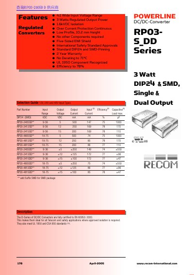 RECOM 3 Watt DIP24 SMD Single Dual Output - cover page