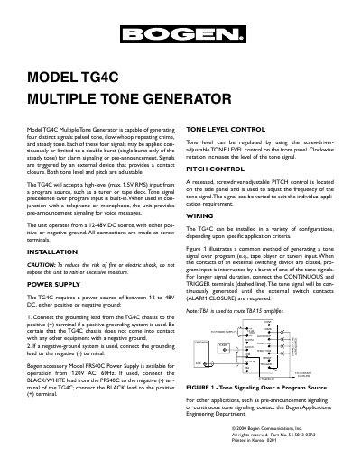Bogen TG4C Multiple Tone Generator User Manual - cover page