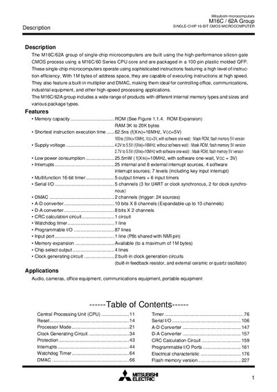 Mitsubishi Electric M16C/62A Group Single-Chip Microcomputer Datasheet - cover page