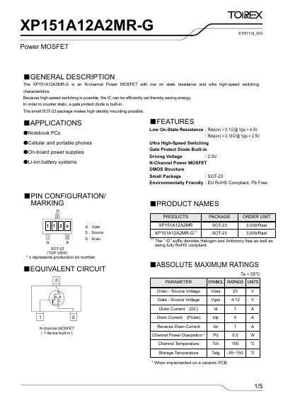 Torex XP151A12A2MR-G Power MOSFET Datasheet - cover page