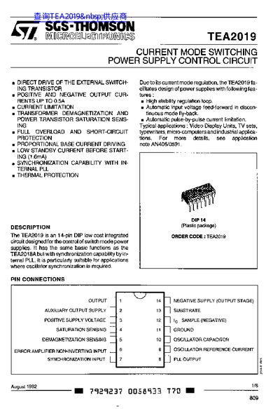 SGS-THOMSON TEA2019 Current Mode Switching Power Supply Control Circuit Datasheet - cover page