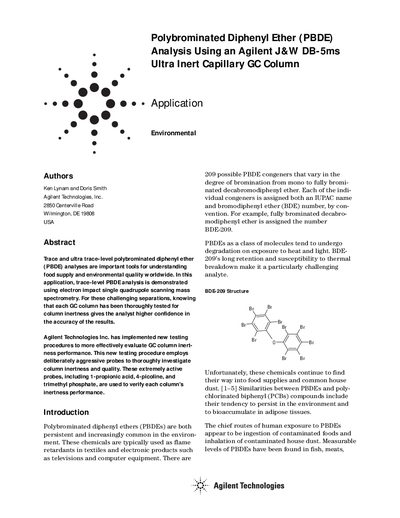 Agilent J&W DB-5ms Ultra Inert Capillary GC Column PBDE Analysis Application Note - cover page