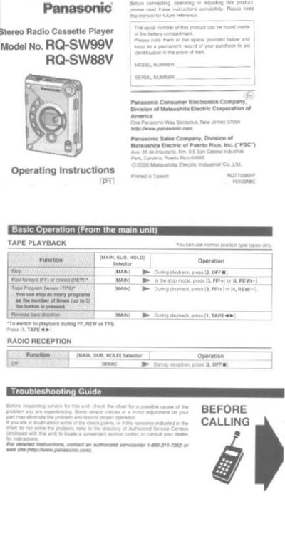 Panasonic RQ-SW99V Stereo Radio Cassette Player User Manual - cover page