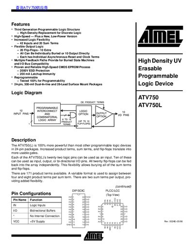 Atmel ATV750/ATV750L Programmable Logic Device Datasheet