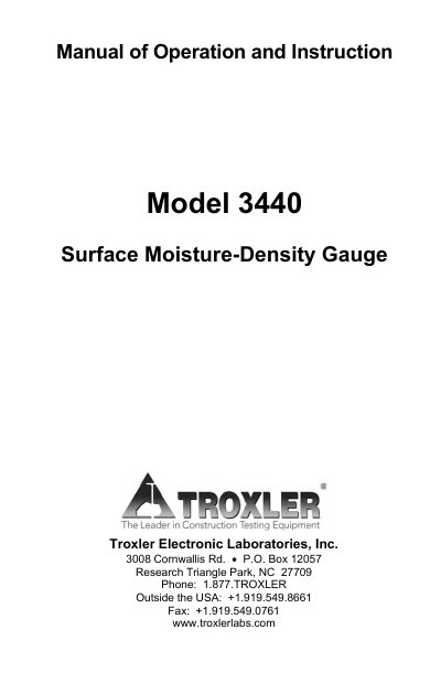Troxler 3440 Surface Moisture-Density Gauge Quick Reference Card - cover page