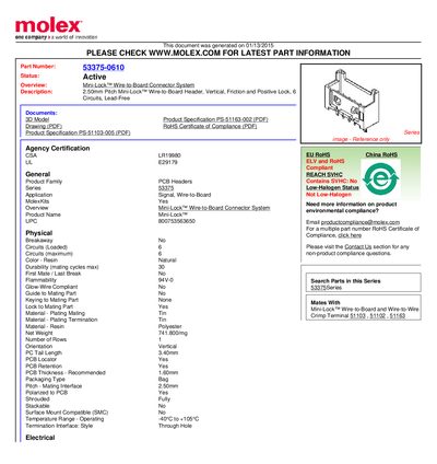 Molex 53375-0610 Mini-Lock Wire-to-Board Connector Datasheet - cover page