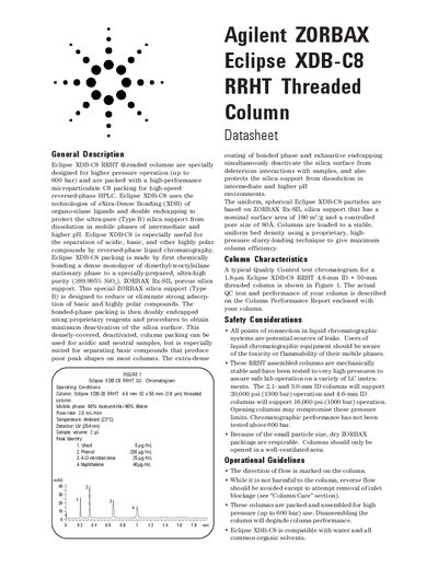 Agilent ZORBAX Eclipse XDB-C8 RRHT Threaded Column Datasheet