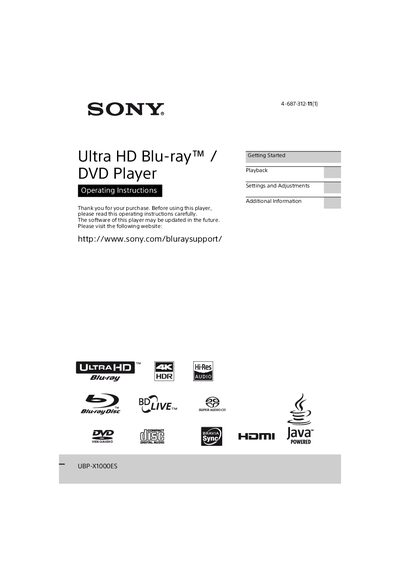 Sony UBP-X1000ES Ultra HD Blu-ray DVD Player User Manual - cover page