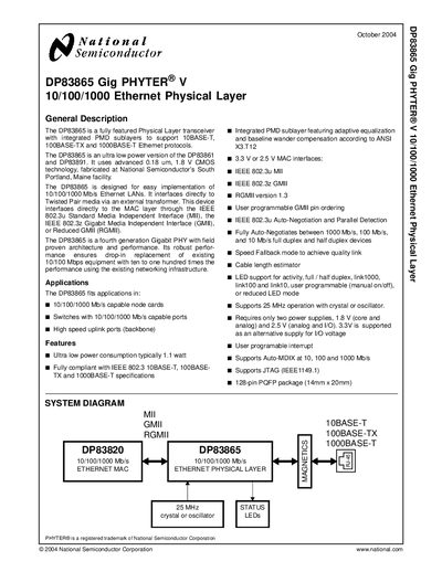 National Semiconductor DP83865 Gig PHYTER V 10/100/1000 Ethernet Physical Layer handbook - cover page